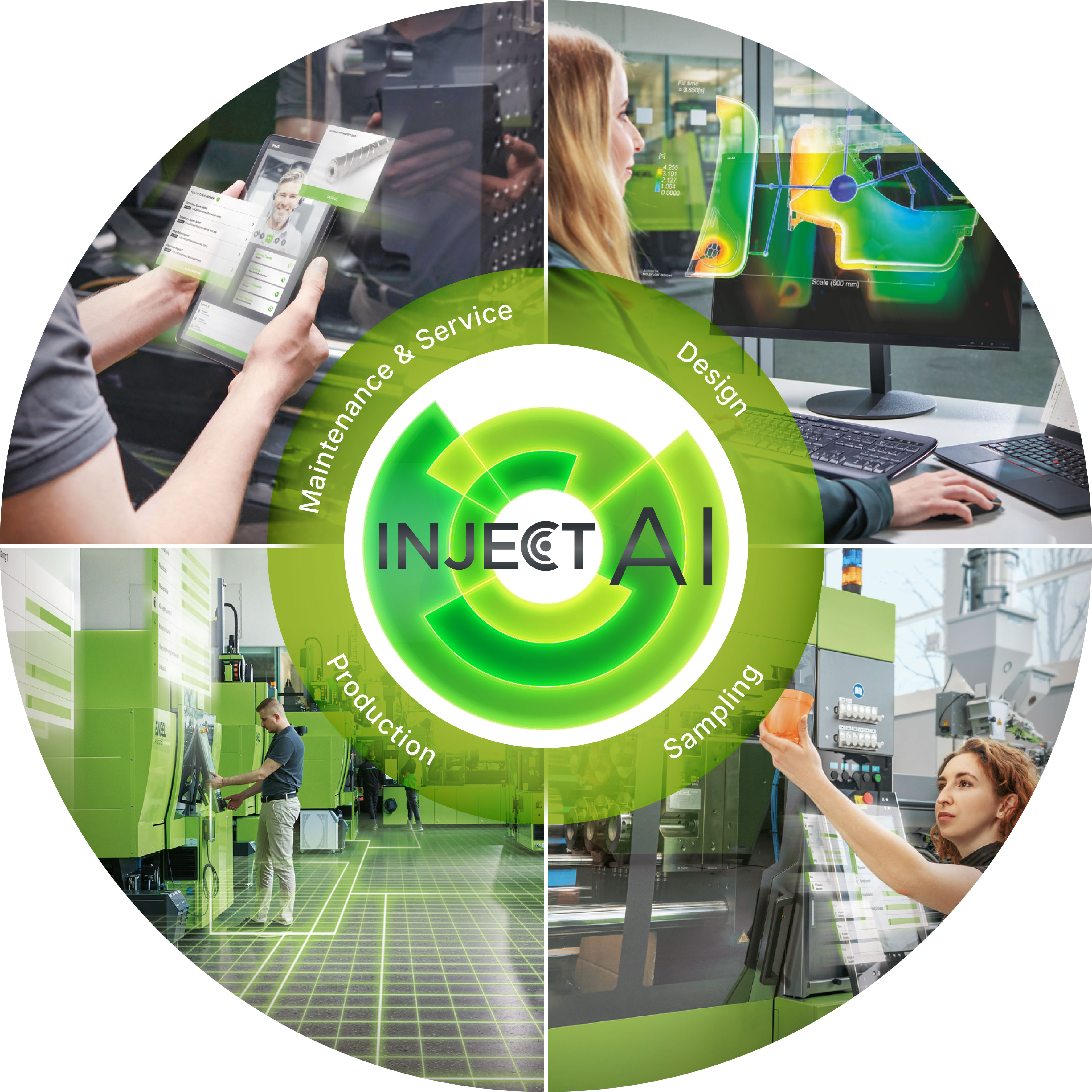 The image shows a circular inject AI logo with images from design, sampling, production and maintenance arranged in quarter circles