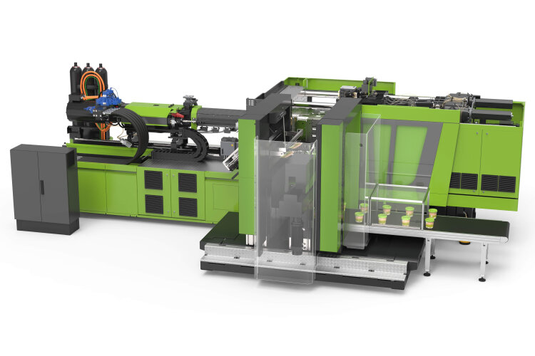 The new e-speed 280 will produce 1-litre round containers in thin-wall technology at ENGEL live e-xperience. The production cell is equipped with an IML solution.