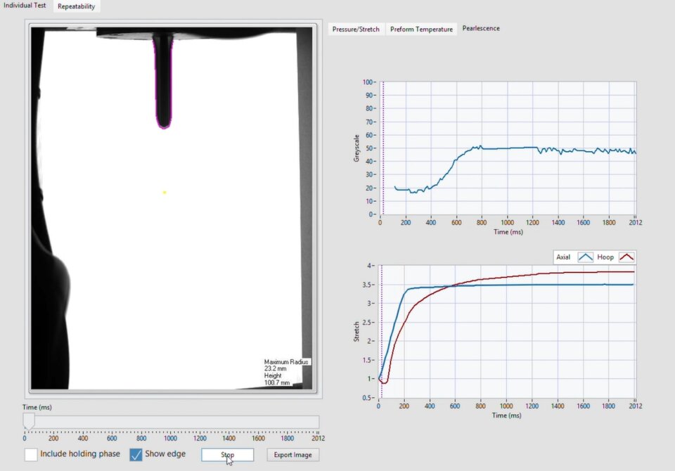 An illustration taken during a preform testing process, showing how material behaviours evolve throughout the blowing process